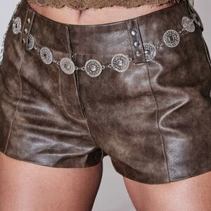 Princess Polly Brown Leather Shorts with Silver Detailing Size 2